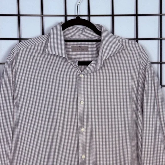 Canali Brushed Button Down Shirt Mens 44-17 1/2 Cream Red Check Business Italy - Picture 1 of 11